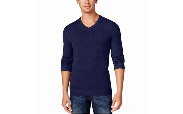  Men’s Solid V-Neck Cotton Sweater, Indigo Heather, Medium