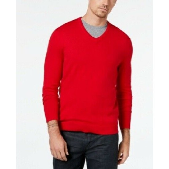  Men’s Solid V-Neck Cotton Sweater, Jester Red, Medium