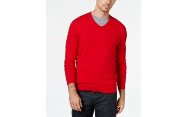  Men’s Solid V-Neck Cotton Sweater, Jester Red, Medium