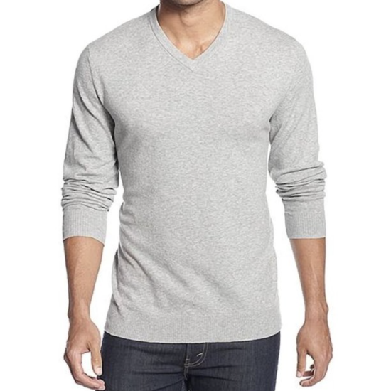  Men's Solid V-Neck Cotton Sweater, Light Grey, Large