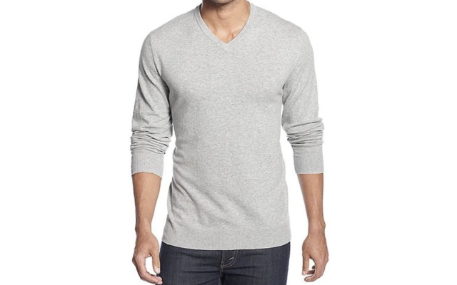  Men's Solid V-Neck Cotton Sweater, Light Grey, Medium