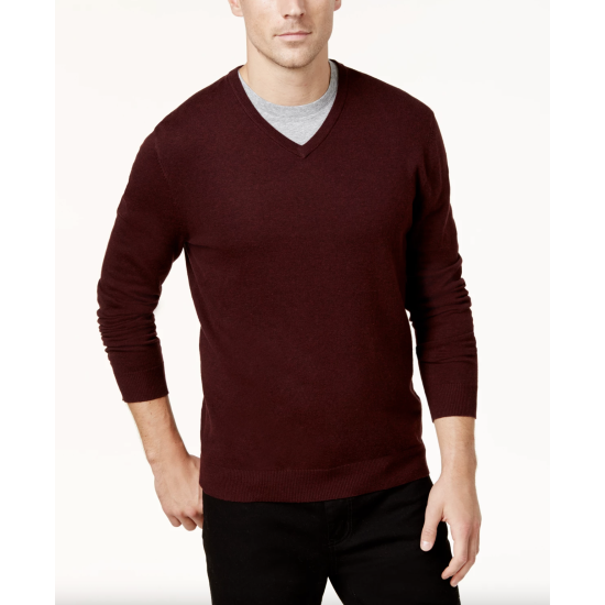  Men’s Solid V-Neck Cotton Sweater, wine, Large