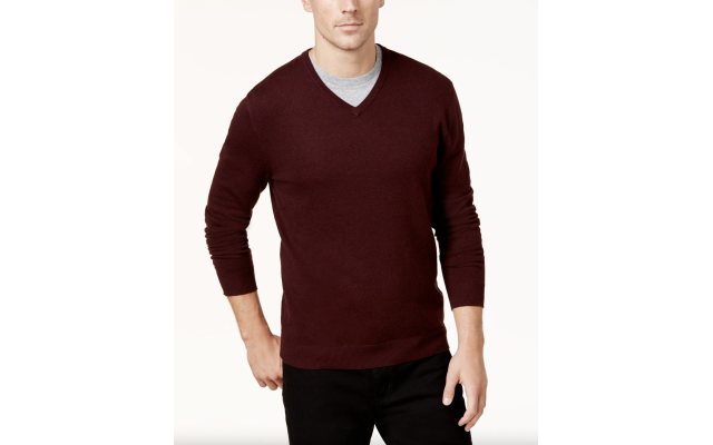  Men’s Solid V-Neck Cotton Sweater, wine, Large