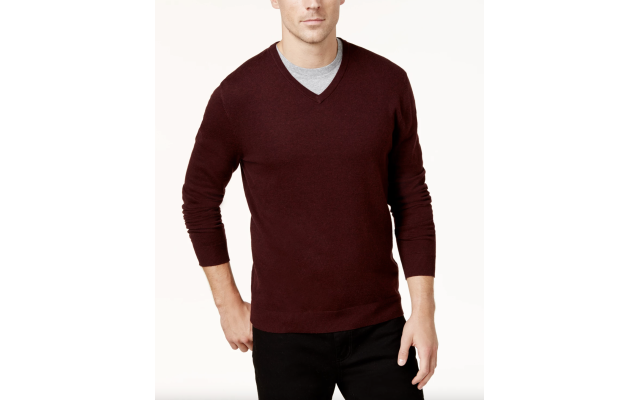  Men’s Solid V-Neck Cotton Sweater(Wine, XL)