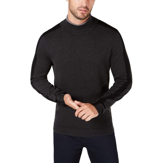  Mens Sweater Large Sleeve-Stripe Ribbed Knit Turtleneck (Gray, Large)