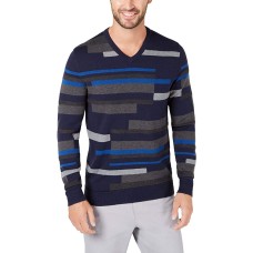 Alfani Men’s Textured Striped V-Neck Sweater (Dark Blue, XL)