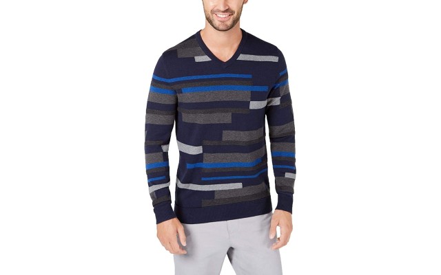  Men’s Textured Striped V-Neck Sweater (Dark Blue, XL)