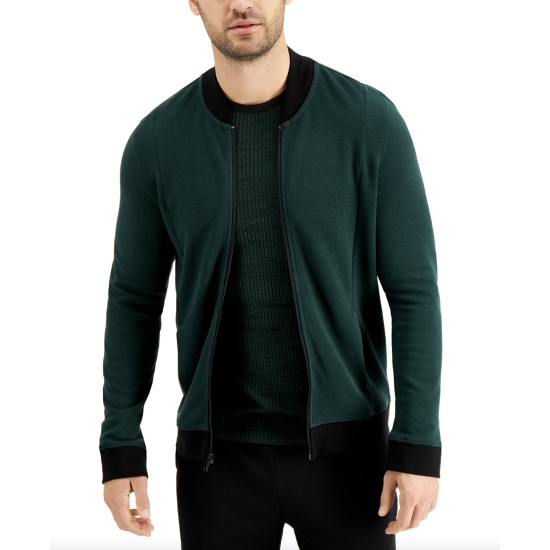  Men’s Zip-Front Sweater Jacket (Dark Green, S)
