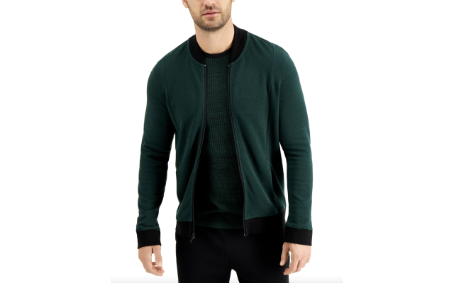  Men’s Zip-Front Sweater Jacket (Dark Green, S)