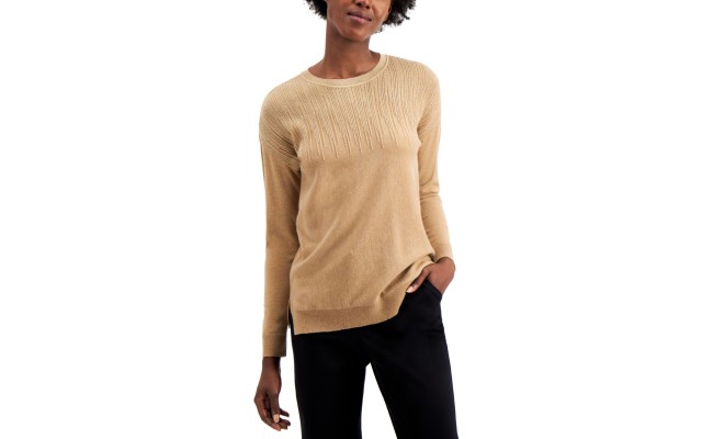  Metallic-Detail Vented-Hem Sweater, in Regular & Petite, Brown, Medium
