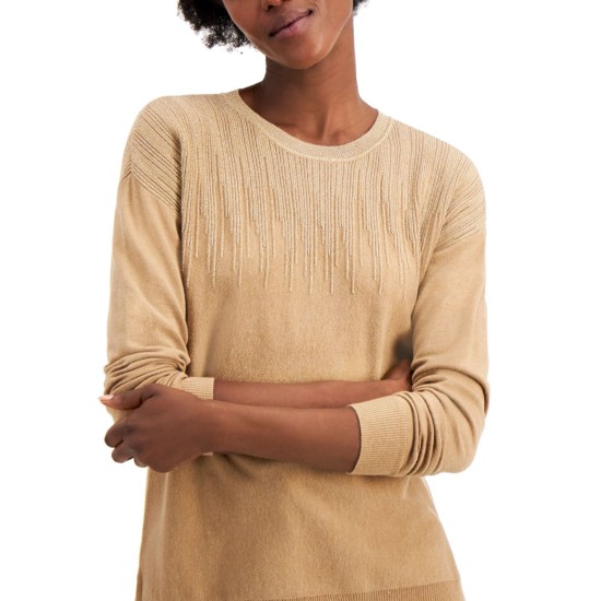  Metallic-Detail Vented-Hem Sweater, in Regular & Petite, Brown, Small