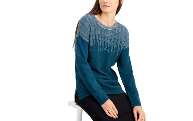  Metallic-Detail Vented-Hem Sweater, in Regular & Petite, Green, Small