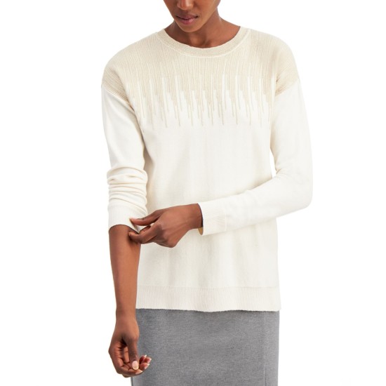 Metallic-Detail Vented-Hem Sweater, in Regular & Petite, White, Large