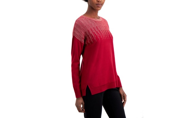  Metallic-Detail Vented-Hem Sweater, in Regular & Petite, wine, Small