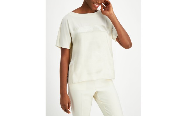  Metallic Panel Top Elevated Taupe Blouse, White, X-Large