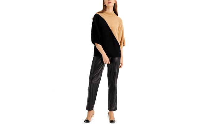  Mixed-Media Dolman-Sleeve Sweater, Beige, Medium