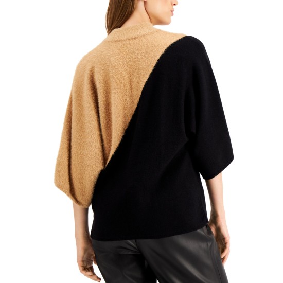  Mixed-Media Dolman-Sleeve Sweater, Beige, Medium