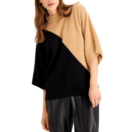  Mixed-Media Dolman-Sleeve Sweater, Beige, Medium