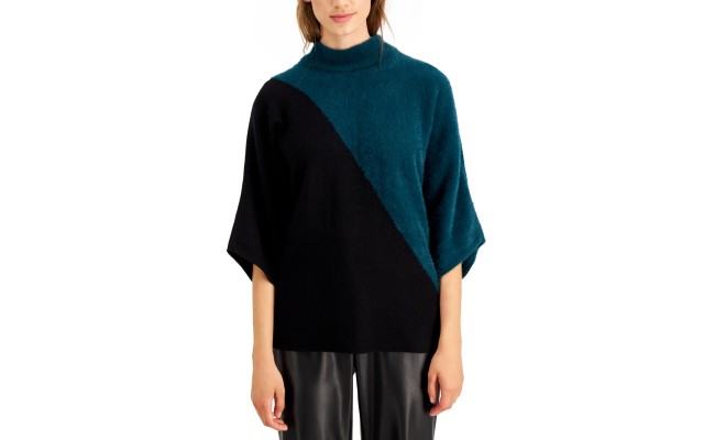  Mixed-Media Dolman-Sleeve Sweater, Blue, Medium