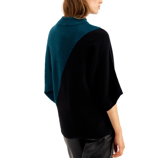  Mixed-Media Dolman-Sleeve Sweater, Blue, Medium