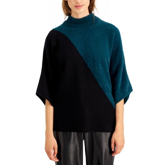  Mixed-Media Dolman-Sleeve Sweater, Blue, Small