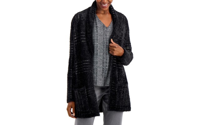  Plaid  Open Front Fashion Cardigan (Black, Medium)