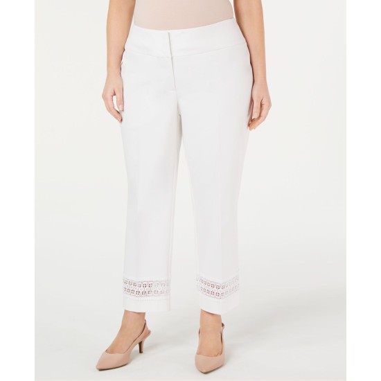  Plus Size Lace-Inset Capri Tummy-Control Pants, White, 16W