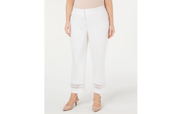  Plus Size Lace-Inset Capri Tummy-Control Pants, White, 16W