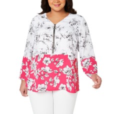 Alfani Plus Size Printed V-Neck Zip-Front Blouse 3X – Pink