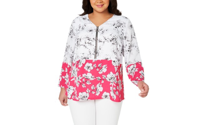  Plus Size Printed V-Neck Zip-Front Blouse 3X – Pink