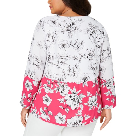  Plus Size Printed V-Neck Zip-Front Blouse 3X – Pink