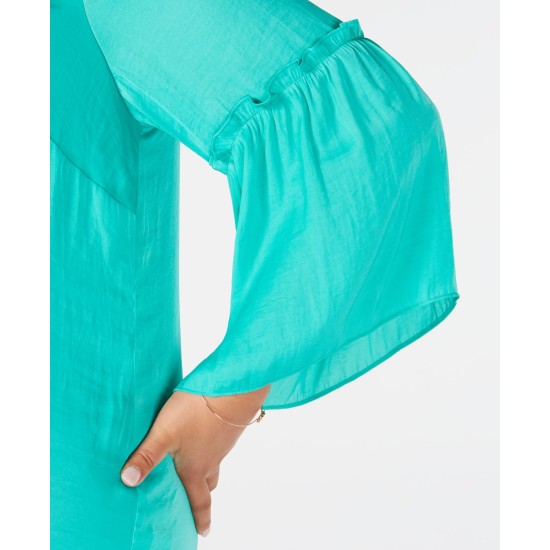  Plus Size Tie-Hem Lantern-Sleeve Top Green Size 1X
