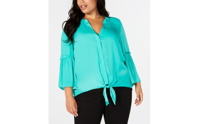  Plus Size Tie-Hem Lantern-Sleeve Top Green Size 1X