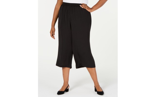  Plus Size Washed Satin Culottes, Black, 1X