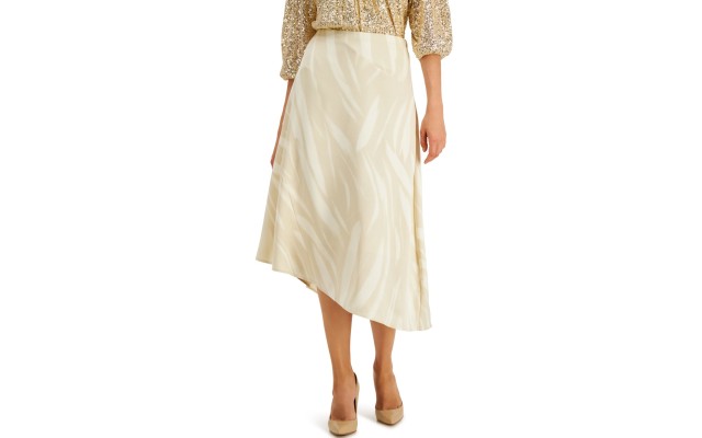  Printed Asymmetrical Skirt (Beige), Beige, 2