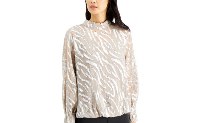  Printed Mock-Neck Bubble Top (Gray, Medium)