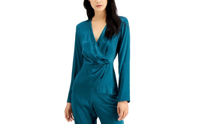  Tonal-Print Surplice Blouse, Teal, Large