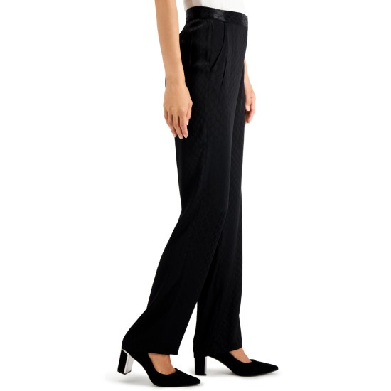  Women Jacquard-Print Straight-Leg Pants, Black, 14