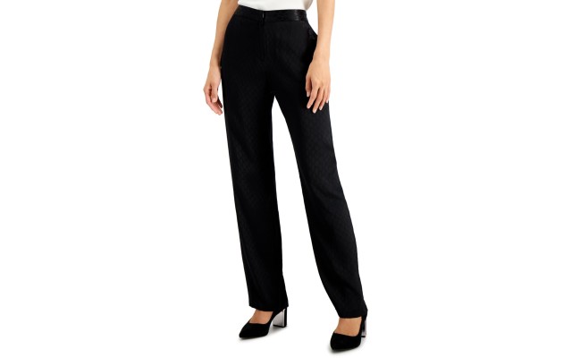  Women Jacquard-Print Straight-Leg Pants, Black, 14