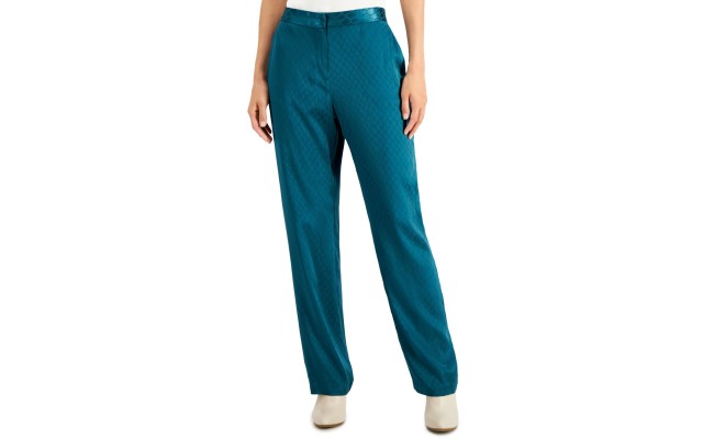  Women Jacquard-Print Straight-Leg Pants, Teal, 10