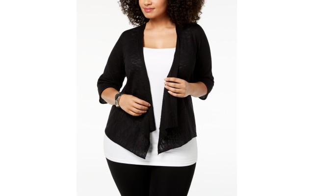  Womens Black 3/4 Sleeve Open Cardigan  Top Plus, Black, 0X