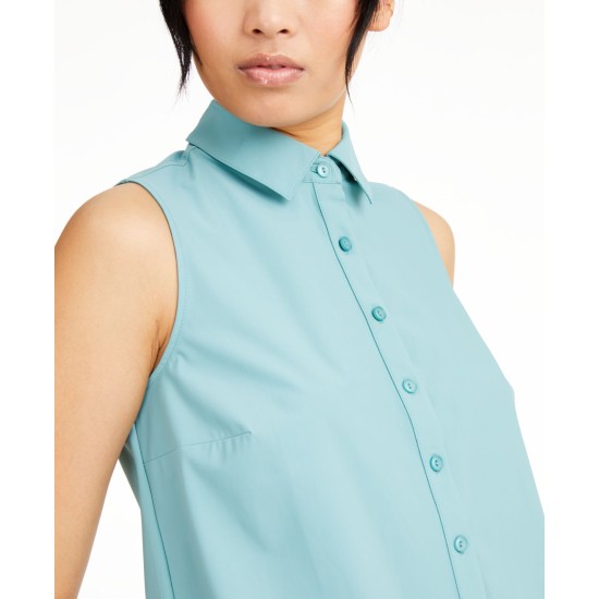  Womens Blue Sleeveless Collared Button Up Top (Green, Large)