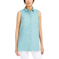 Alfani Womens Blue Sleeveless Collared Button Up Top (Green, Large)