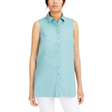 Alfani Womens Blue Sleeveless Collared Button Up Top (Green, Large)
