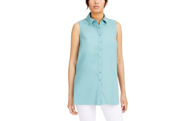  Womens Blue Sleeveless Collared Button Up Top (Green, Large)