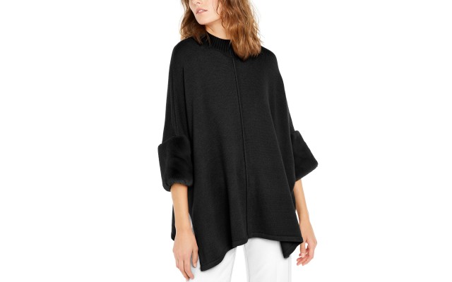  Women's Faux-Fur-Cuff Poncho Black, Black, M