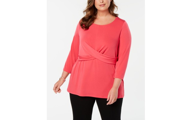  Women's Plus 3/4 Sleeve Crossover-Detail Top Blouse, Pink, 0X
