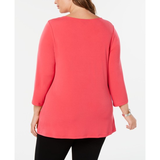  Women's Plus 3/4 Sleeve Crossover-Detail Top Blouse, Pink, 0X
