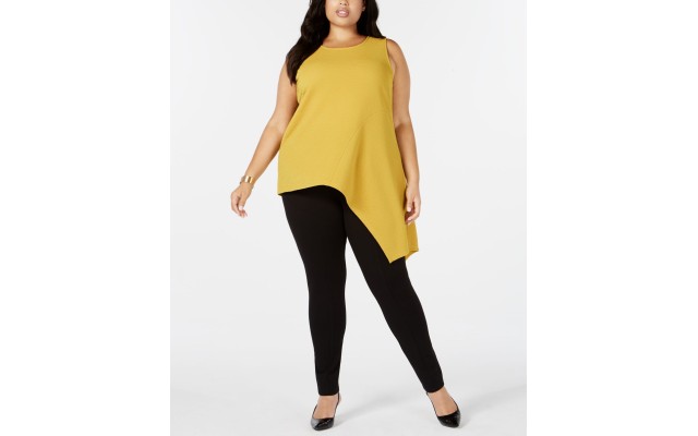  Womens Plus Asymmetrical Ribbed Pullover Top, Gold, 0X
