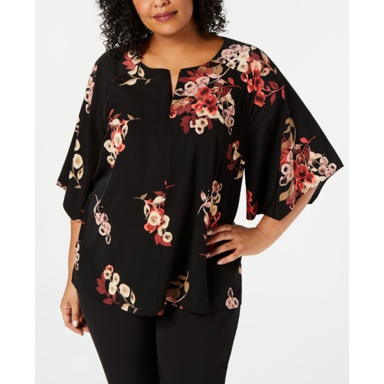  Womens Plus Floral Zip Front Blouse